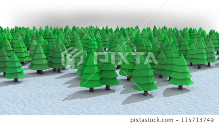 Multiple green tree icons on winter landscape against white background Multiple green tree icons on winter landscape against white background 115713749