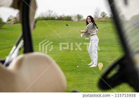 Beautiful woman playing golf on green lawn 115713938