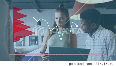 Image of financial data processing over diverse business people discussing work at office Image of financial data processing over diverse business people discussing work at office 115713950