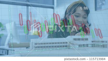 Image of financial data processing over asian businesswoman working at office 115713984