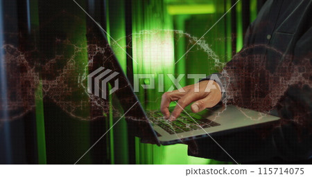 Image of dna strand and digital brain over asian man in server room Image of dna strand and digital brain over asian man in server room 115714075