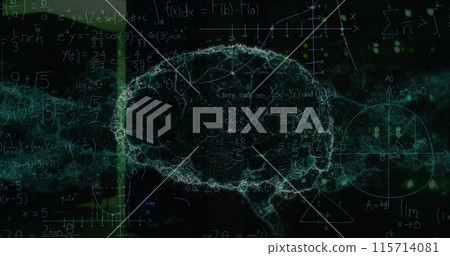 Image of mathematical equations and digital brain over server room 115714081