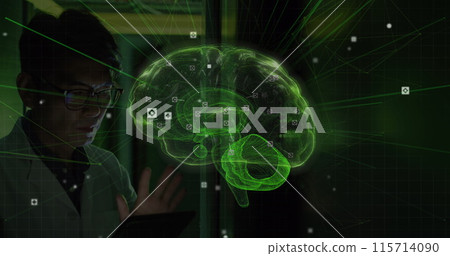 Image of connections and digital brain over asian man in server room Image of connections and digital brain over asian man in server room 115714090