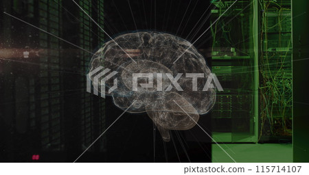 Image of connections and digital brain over server room 115714107