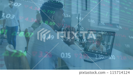 Image of data processing over diverse business people in office Image of data processing over diverse business people in office 115714124