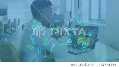 Image of network of connections with icons over businessman using computer Image of network of connections with icons over businessman using computer 115714125