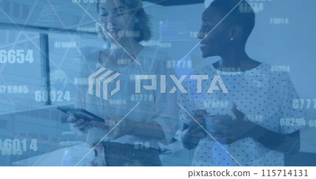 Image of numbers changing over diverse female coworkers in office 115714131