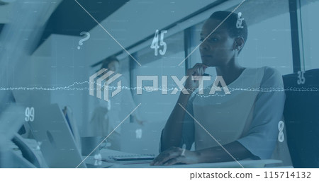 Image of numbers changing over african american woman in office 115714132