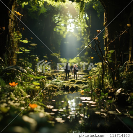 Man and woman walking in the rainforest with water lily flower 115714163