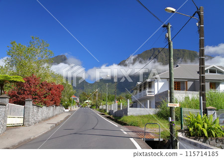 View of Mare-Avieilles Place, a village in the Salazie Valley, a UNESCO World Heritage Site on the French overseas island of Reunion 115714185