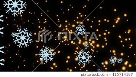 Image of snowflakes over light spots on black background Image of snowflakes over light spots on black background 115714197