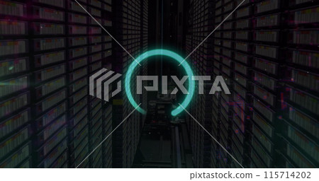 Image of blue data loading ring and data processing over computer server room Image of blue data loading ring and data processing over computer server room 115714202