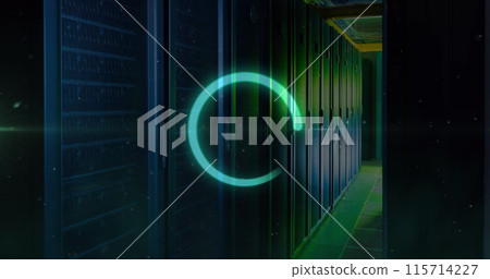 Image of neon round scanner and white particles against computer server room 115714227