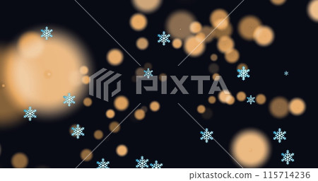 Image of snowflakes over light spots on black background Image of snowflakes over light spots on black background 115714236