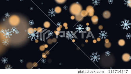 Image of snowflakes over light spots on black background Image of snowflakes over light spots on black background 115714247