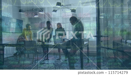 Image of trading board over multiracial coworkers discussing reports in meeting room at office Image of trading board over multiracial coworkers discussing reports in meeting room at office 115714279