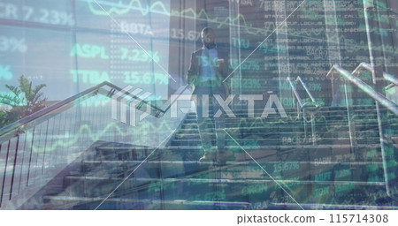 Digital nomad stays productive on the go with smartphone and coffee in the city. 115714308