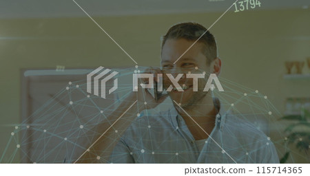 Image of network of connections and changing numbers over caucasian man talking on smartphone 115714365