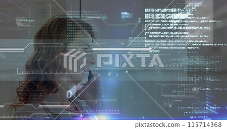 Image of data processing and light spots over caucasian businesswoman talking on smartphone Image of data processing and light spots over caucasian businesswoman talking on smartphone 115714368