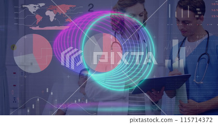 Image of data processing and shapes over caucasian doctors talking 115714372