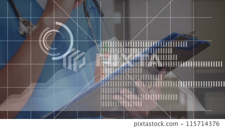 Image of circles, audio levels, midsection of caucasian female doctor writing on clipboard 115714376