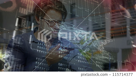 Image of interface with data processing over caucasian man talking on smartphone outdoors 115714377