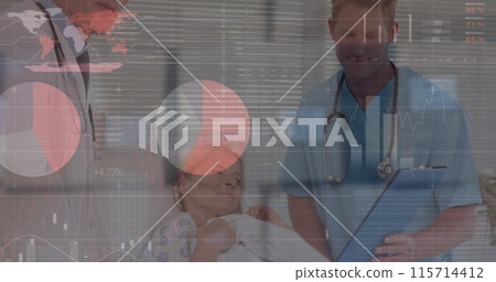 Image of data processing over caucasian doctors with patient Image of data processing over caucasian doctors with patient 115714412