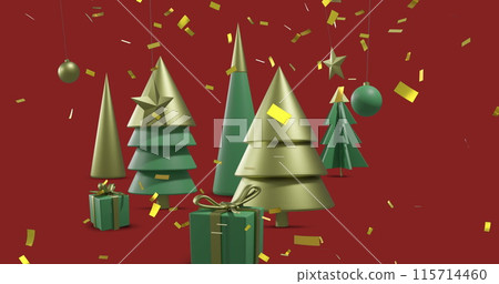 Image of confetti falling over christmas decorations on red background Image of confetti falling over christmas decorations on red background 115714460