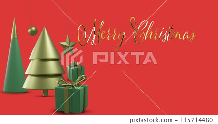 Image of merry christmas text over christmas decorations on red background 115714480