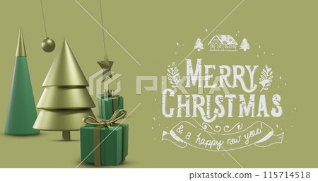 Image of merry christmas text over christmas decorations on yellow background 115714518