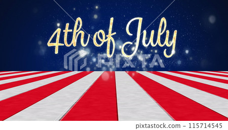 Image of 4th of july text over stripes and light spots on blue background 115714545