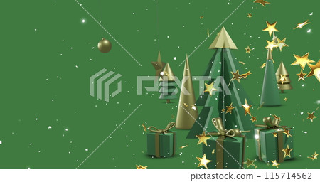 Image of stars and snow over christmas decorations on green background with copy space Image of stars and snow over christmas decorations on green background with copy space 115714562