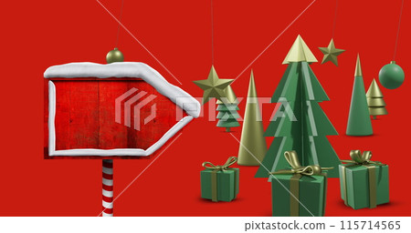 Image of christmas decorations with road sign on red background with copy space 115714565