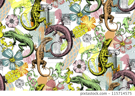 Lizards, antique columns and plants. Seamless pattern. Suitable for fabric, wrapping paper and the like 115714575