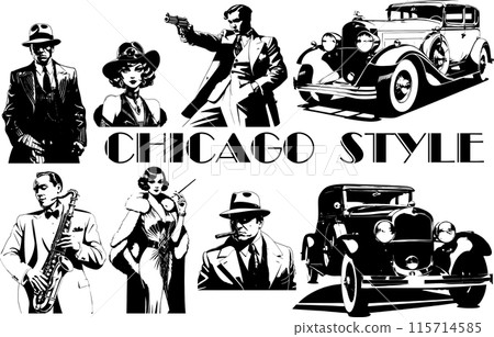 Set of characters for 1930 Chikago mafia team. Gangsters, flappers, cars. Isolated drawing on a white background. Design for T-shirts, tattoo, posters. Set of characters for 1930 Chikago mafia team. Gangsters, flappers, cars. Isolated drawing on a white background. Design for T-shirts, tattoo, posters. 115714585