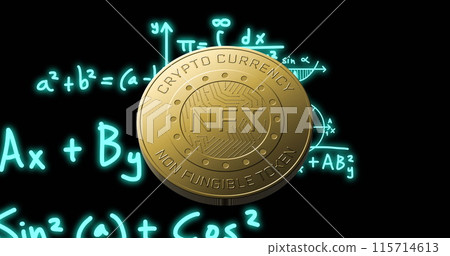 Image of mathematical equations over nft coin on black background 115714613