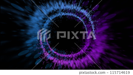 Image of colourful light trails and spots forming circles on black background 115714619