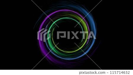 Image of colourful light trails forming circles on black background 115714632