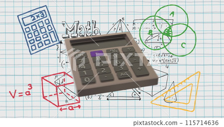 Image of calculator moving and math drawings on white background 115714636