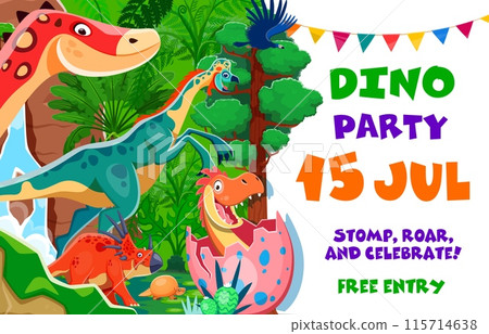 Birthday invite, kids dino party flyer. Vector invitation with cartoon dinosaurs. Cute funny baby dino in the egg, ouranosaurus, styracosaurus and oviraptor amid a jungle backdrop with bunting decor 115714638