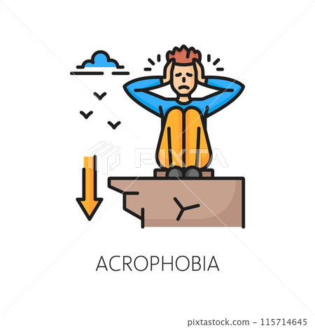 Psychology anxiety, phobia, acrophobia mental problem outline color icon. People psychology, mental disorder or acrophobia phobia thin line vector sign with sacred man sitting on edge of cliff Psychology anxiety, phobia, acrophobia mental problem outline color icon. People psychology, mental disorder or acrophobia phobia thin line vector sign with sacred man sitting on edge of cliff 115714645