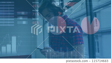 Image of financial data processing over caucasian businessman using smartphone Image of financial data processing over caucasian businessman using smartphone 115714683