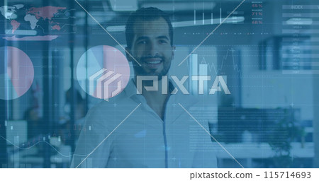 Image of financial data processing over caucasian businessman in office 115714693