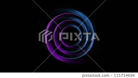 Image of colourful light trails forming circles on black background 115714694