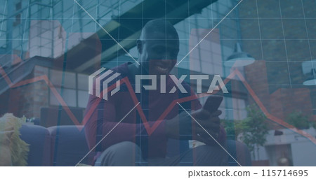 Image of financial data processing over african american businessman using smartphone 115714695