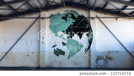 Image of spinning green globe over empty warehouse Image of spinning green globe over empty warehouse 115714718