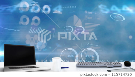 Laptop and coffee cup against statistical data processing against blue sky 115714720