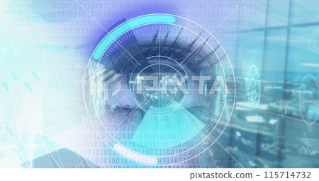 Round scanner and binary coding data processing against close up of female eye against office window Round scanner and binary coding data processing against close up of female eye against office window 115714732