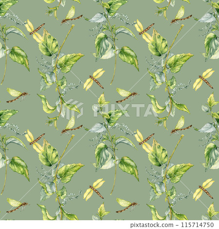 Nettle herbal plant with dragonfly seamless pattern isolated on gray blue. Illustration of stinging plant Urticaria dioica hand drawn. Print of useful herb. Design for textile, package, wallpaper 115714750