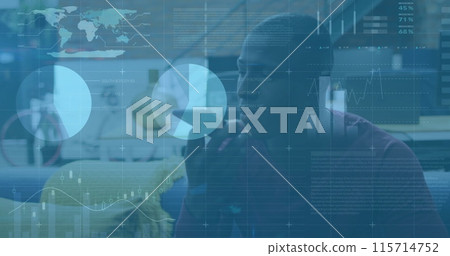 Image of financial data processing over african american businessman using smartphone 115714752